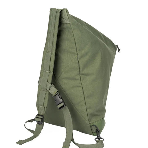 The MIS TA One Shoulder Bag in Camo Green is shown angled to reveal its two padded shoulder straps, side buckles, and sleek, pocket-free design. Durable and water-resistant, this USA-made bag features no external branding.