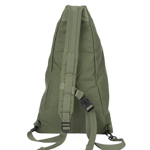 The MIS TA One Shoulder Bag in Camo Green is shown from the back, featuring adjustable padded straps, a chest buckle, and sturdy water-resistant fabric for a simple, functional design.