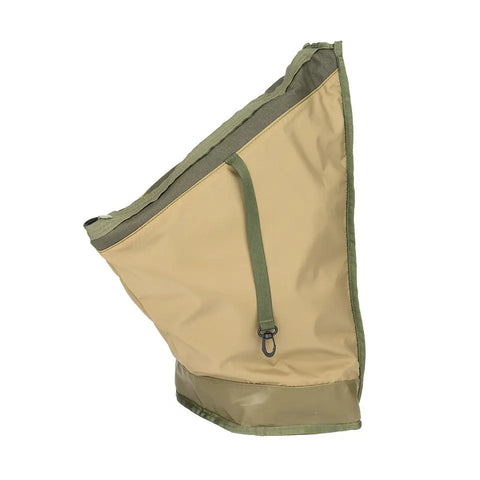 The MIS TA One Shoulder Bag - Camo Green features tan and olive green Cordura nylon, a slanted top, side strap with clip, structured base, and soft sides. Its design resembles a tote or specialized carrying pouch.