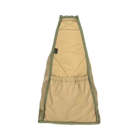 The MIS TA One Shoulder Bag - Camo Green features a triangular shape, tan Cordura nylon fabric with green trim, front elastic pocket, visible stitching, and a small black tag near the top.