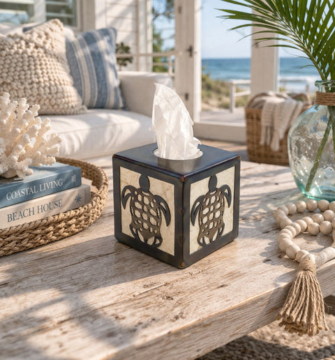 Coastal Sea Turtle Tissue Box Holder – Handcrafted Ocean Decor Accent | Made in USA Knights Home Decor  item