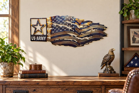 Rustic Army Metal Wall Art – Tattered Flag Design | Handmade Patriotic Decor Made in USA Knights Home Decor  item