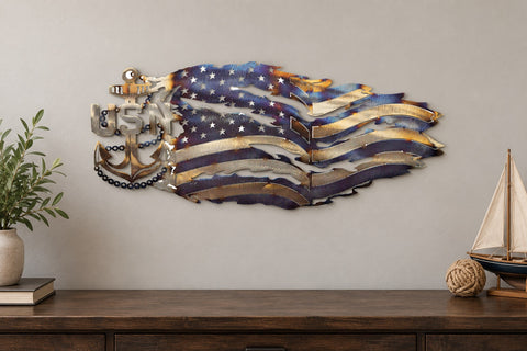 Navy Anchor Metal Wall Art – Patriotic Tattered Flag Design | Handcrafted Made in USA Veteran-Owned Decor Knights Home Decor  item