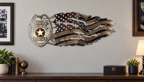 Police Tribute Metal Wall Art – Tattered Flag Design – Handmade Law Enforcement Decor | Made in USA Knights Home Decor  item