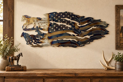 Rustic Running Horse Metal Flag Wall Art – Patriotic Americana Decor | Made in USA Knights Home Decor  item