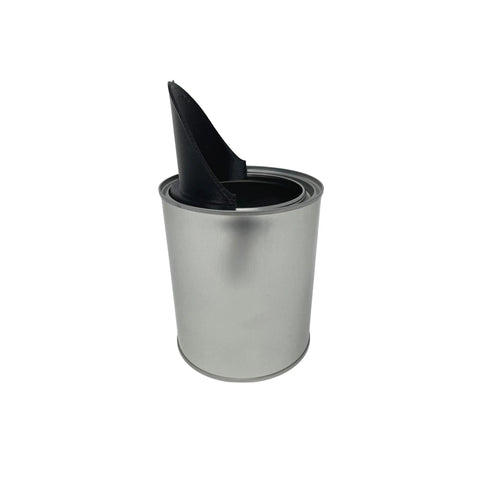 A Chatelet Manufacturing Paint Can Pourer, made from flexible, durable TPU rubber and designed for quart-sized cans, is partially inserted into an open paint can to ensure a no-mess pour, shown isolated on a white background.