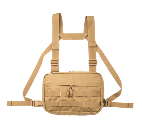The MIS Chest Rig - Coyote Tan features adjustable shoulder and waist straps, a rectangular Cordura Nylon bag with zippered closure, and PALS webbing loops on the front, shown against a white background.