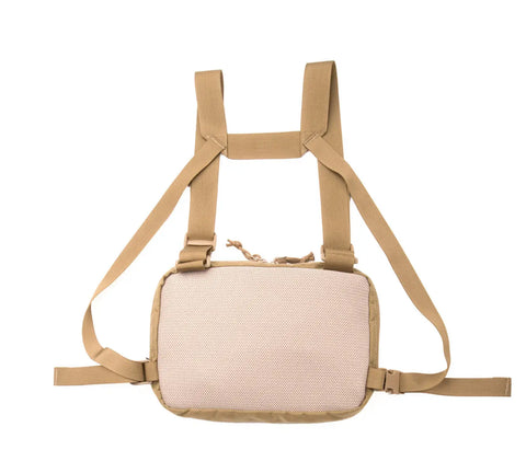 The MIS Chest Rig - Coyote Tan features adjustable shoulder and waist straps, a rectangular padded front panel, and PALS webbing for modular attachments. Shown here in tan color on a white background.