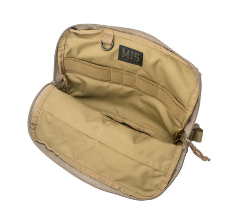 The MIS Chest Rig - Coyote Tan is a water-resistant Cordura Nylon bag with multiple interior pockets, zipper closure, and an inner black MIS patch. Shown empty on a white background.