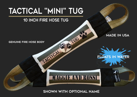 Image of the Mini Tactical Fire Hose Tug Toy by Bulletproof Pet Products Inc, labeled Tactical Tug with two handles. Features: made in the USA, durable genuine fire hose body, floats in water, and shown personalized for Maggie and Rossi.