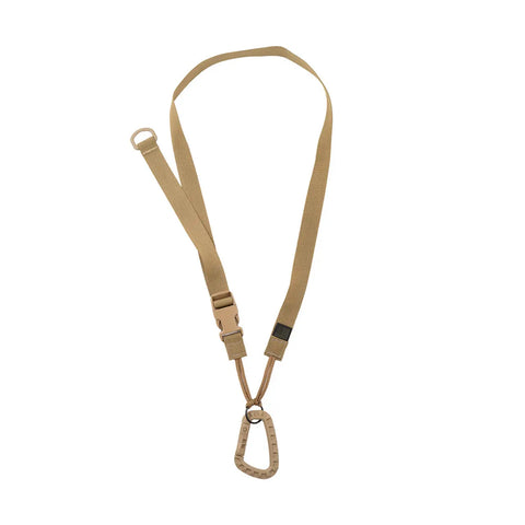 The MIS Tactical Key Strap Set in Coyote Tan features adjustable MIL-SPEC nylon webbing, a plastic buckle, and a color-matched carabiner clip for secure carrying of your essentials.