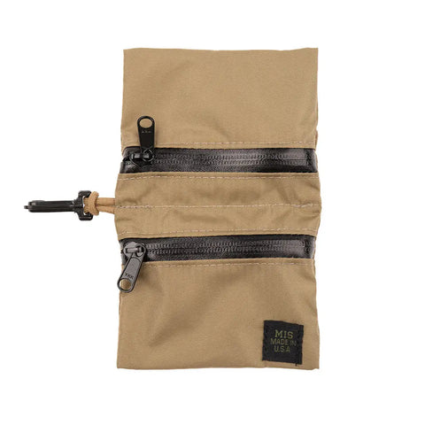 The MIS Tactical Key Strap Set in Coyote Tan is a water-resistant pouch made of durable MIL-SPEC nylon, with two black zippered compartments, a side clip, and a small MIS MADE IN USA label at the bottom right.