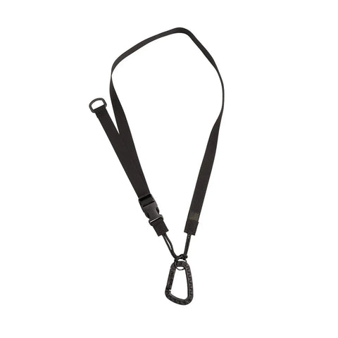The MIS Tactical Key Strap Set - Black features an adjustable lanyard with a plastic buckle and large carabiner, made from durable MIL-SPEC nylon webbing, displayed on a white background.