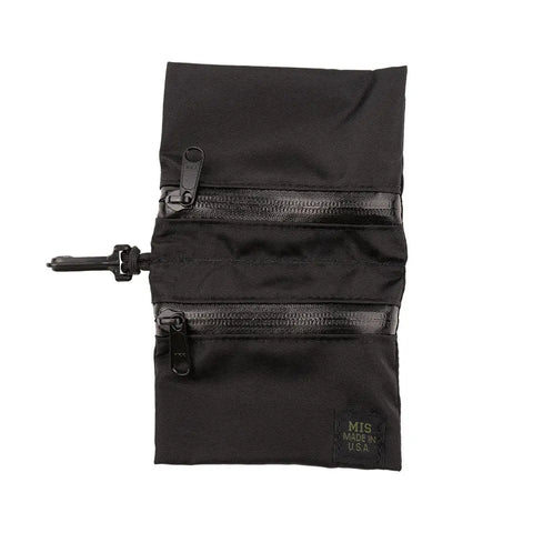 The MIS Tactical Key Strap Set - Black is a water-resistant MIL-SPEC nylon pouch with two zippered compartments, side clip, and a small MIS MADE IN U.S.A. label in the bottom right corner.