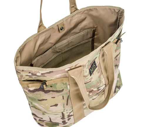 The MIS Multi Tote Bag - Multi Cam is a stylish Cordura Nylon tote with beige handles, front zipper pocket, open top, interior dividers, and mesh pocket—ideal for daily multi-pocket organization.