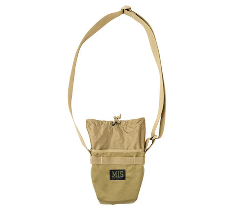 The MIS AB Shoulder Pouch in Coyote Tan is a water-resistant, USA-made bag with an adjustable strap, drawstring closure, front pocket, and a black MIS logo patch on the front.