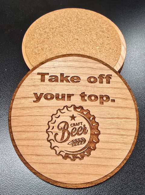 Take Off Your Top Hardwood Coaster Set 3.5 Inch Diameter – Laser Cut Barware | Made in USA American Grains LLC 