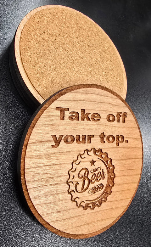 Take Off Your Top Hardwood Coaster Set 3.5 Inch Diameter – Laser Cut Barware | Made in USA American Grains LLC 