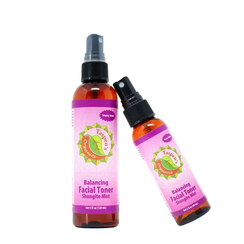 Two bottles of Taspens Organics Balancing Facial Toner, in large and small sizes with purple labels and spray tops, sit against a white background—showcasing quality American-made skincare.