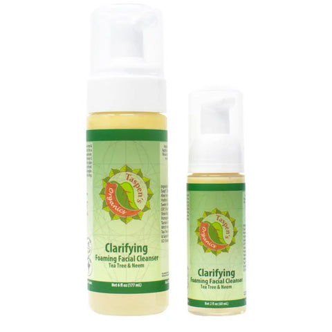 Two bottles of Taspens Organics Clarifying Foaming Facial Cleanser with Tea Tree & Neem, both with green labels and foam dispensers: one 6 oz and one handy 1.5 oz travel size.