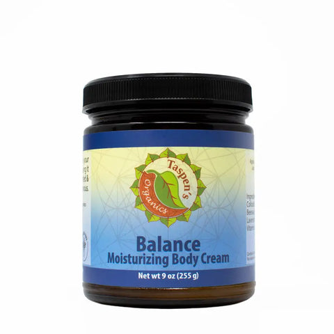 A 9 oz (255 g) jar of Taspens Organics Balance Moisturizing Body Cream with a black lid and a blue and yellow label displaying the product name, set against a white background.
