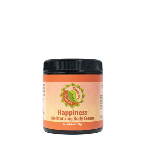 A 4 oz (113g) jar of Taspen’s Organics Happiness Moisturizing Body Cream features an orange label, black lid, green logo, and highlights natural skin care benefits on the front.