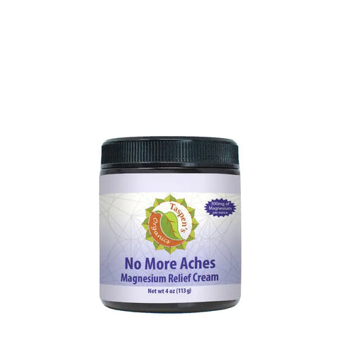A 4 oz jar of Taspens Organics Magnesium No More Aches Relief Cream, with a purple and white label and green circular logo, uses organic botanicals for effective muscle tension relief.