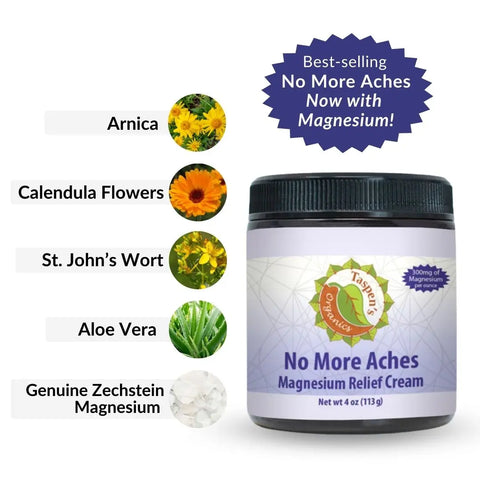 A jar of Taspens Organics Magnesium No More Aches Relief Cream appears beside its key organic botanicals: arnica, calendula, St. Johns wort, aloe vera, and Zechstein magnesium. The label notes added relief for muscle tension.