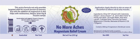 A product label for Magnesium No More Aches Relief Cream by Taspen’s Organics lists ingredients, application directions, and highlights features like organic botanicals for muscle tension relief, non-toxic, non-GMO, soy-free, and handcrafted.
