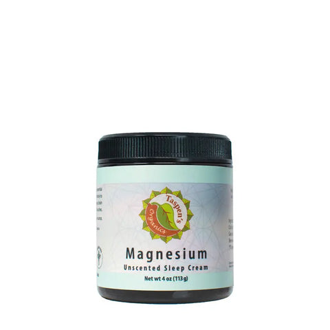 A 4 oz (113 g) jar of Taspen’s Organics Magnesium Unscented Sleep Cream with a black lid and light blue label featuring the brand logo—a natural sleep aid in unscented magnesium cream form.