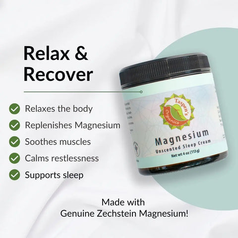 A jar of Taspens Organics Magnesium Unscented Sleep Cream is shown beside text highlighting its benefits—relaxing the body, replenishing magnesium, and supporting sleep—on a light background with soft abstract shapes.