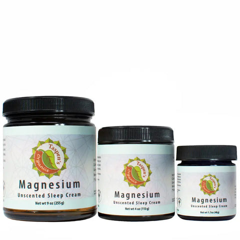 Three jars of Taspens Organics Magnesium Unscented Sleep Cream (9 oz, 4 oz, and 2 oz) are shown against a white background. Each jar has a black lid and a white label featuring the Taspens Organics logo.