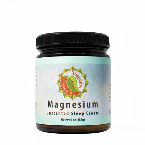 A 9 oz (255 g) jar of Taspens Organics Magnesium Unscented Sleep Cream with a light blue label and black lid, shown against a white background, serves as a natural sleep aid.
