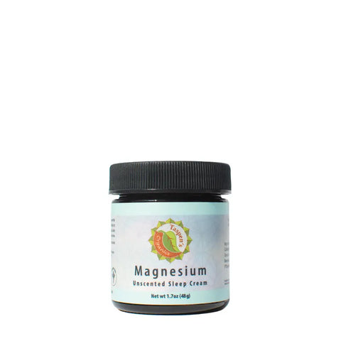 Taspens Organics Magnesium Unscented Sleep Cream comes in a 1.7 oz (48g) jar with a black lid and light blue label, featuring a colorful circular logo. This natural cream is perfect as a sleep aid.