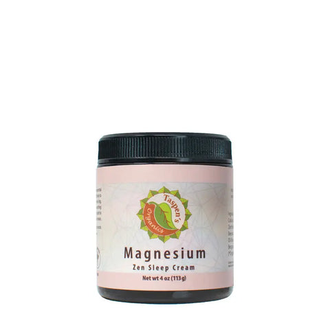 Taspen’s Organics Magnesium Zen Sleep Cream comes in a 4 oz (113 g) jar with a black lid and light pink label. This organic sleep aid uses Zechstein magnesium chloride to help promote restful nights.