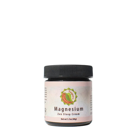 Taspens Organics Magnesium Zen Sleep Cream is a 1.7 oz (48g) organic sleep aid in a small jar with a black lid and white label, containing Zechstein magnesium chloride and branded details.
