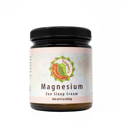 Taspen’s Organics Magnesium Zen Sleep Cream features a black lid, white label with green logo, and contains Zechstein magnesium chloride. This organic sleep aid comes in a 9 oz (255g) jar.