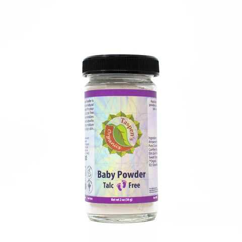 Taspens Organics Baby Powder (Talc & Corn Free) comes in a clear 2oz (56g) glass jar with a purple lid and pastel label displaying ingredients and product info—ideal for gentle, natural baby care.