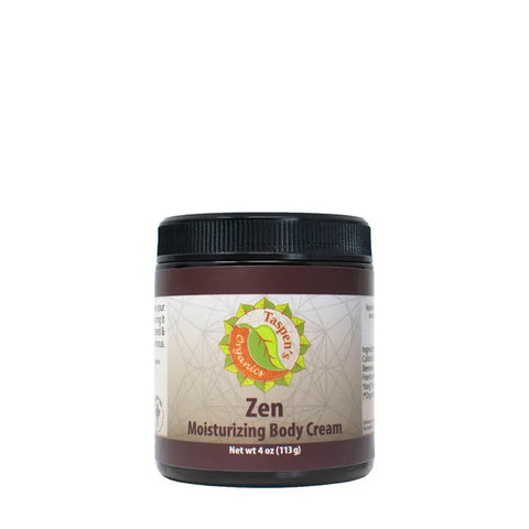 A brown plastic jar with a black lid labeled Zen Moisturizing Body Cream by Taspens Organics, Net wt 4 oz (113g), featuring a circular leaf logo—an organic body cream ideal for natural skin care routines.