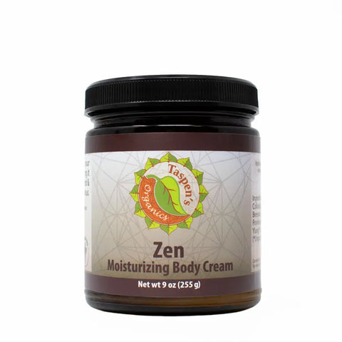 Taspens Organics Zen Moisturizing Body Cream, 9 oz (255 g), features a dark lid and a label with a green leaf logo—a soothing organic cream ideal for natural skin care.