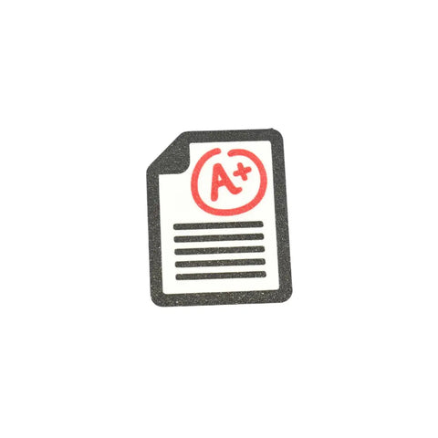 Show off academic success with the FRESHe Baglets Teacher Charm by Chatelet Manufacturing—a paper graphic featuring black lines and a bold red A+—the perfect decorative tote bag charm compatible with Bogg Bags, Simply Southern, and more.