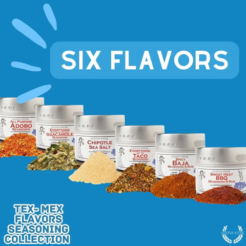 Six seasoning containers in a row, each with a vibrant spice: Adobo, Guacamole, Chipotle Sea Salt, Taco, Baja, and Sweet Heat BBQ. Taste the Tex-Mex Gourmet Seasoning 6-Pack Collection by Gustus Vitae—handcrafted in the USA.