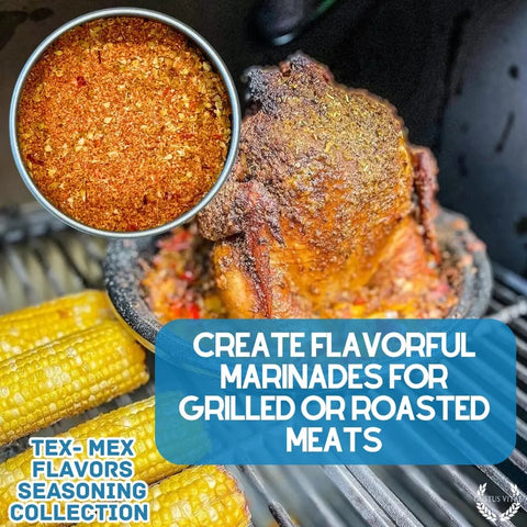 A cooked, seasoned chicken in a cast iron skillet sits beside grilled corn. An inset highlights the Gustus Vitae Tex-Mex Gourmet Seasoning 6-Pack Collection. Text: Create flavorful marinades for meats with this handcrafted spice set made in the USA.