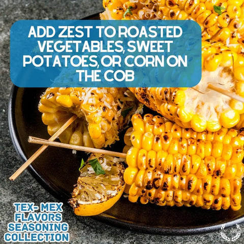Grilled corn on the cob with herbs and lime, showcasing how Gustus Vitae's Tex-Mex Gourmet Seasoning 6-Pack Collection adds zesty flavor to roasted veggies, sweet potatoes, or corn. Handcrafted in the USA.