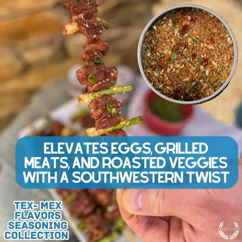 A hand holds a skewer of grilled meat and veggies above a bowl of Gustus Vitae's Tex-Mex Gourmet Seasoning 6-Pack Collection. Elevate eggs, grilled meats, and roasted veggies with this handcrafted spice set made in the USA.