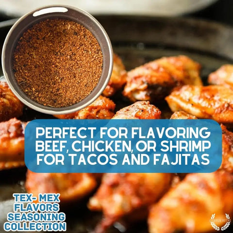 Close-up of Tex-Mex Gourmet Seasoning 6-Pack Collection by Gustus Vitae above seasoned chicken, highlighting this handcrafted spice set—ideal for beef, chicken, or shrimp tacos and fajitas. Blue text boxes overlay the image. Made in USA.