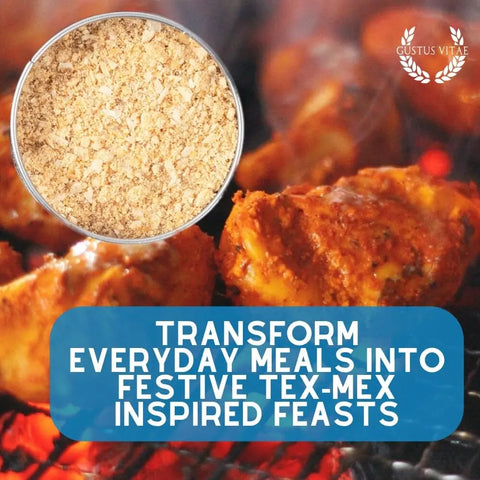 A close-up of grilled chicken cooking over a flame, with Gustus Vitae’s Tex-Mex Gourmet Seasoning 6-Pack Collection above. Text: Transform meals into festive Tex-Mex feasts. Gustus Vitae logo appears in the top right corner.
