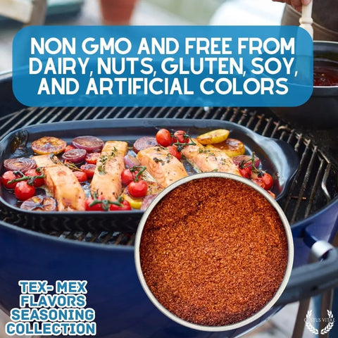 Grilled salmon fillets and veggies cook beside a close-up of Gustus Vitae Tex-Mex Gourmet Seasoning 6-Pack—Non-GMO, dairy, nut, gluten & soy free, no artificial colors. Discover all-natural flavors from this handcrafted USA-made spice set.