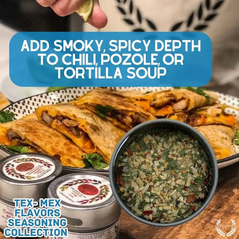 A bowl of Gustus Vitae’s Tex-Mex Gourmet Seasoning 6-Pack Collection sits beside quesadillas, with tins of the handcrafted spice set in front. Text: Add smoky, spicy depth to chili, pozole, or tortilla soup. Made in USA.