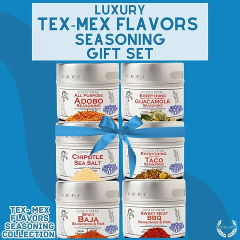 The Gustus Vitae Tex-Mex Gourmet Seasoning 6-Pack Collection—Adobo, Guacamole, Taco, Chipotle Sea Salt, Baja & BBQ—is a handcrafted spice set made in the USA. Perfect as an all-natural seasonings gift for Tex-Mex lovers.